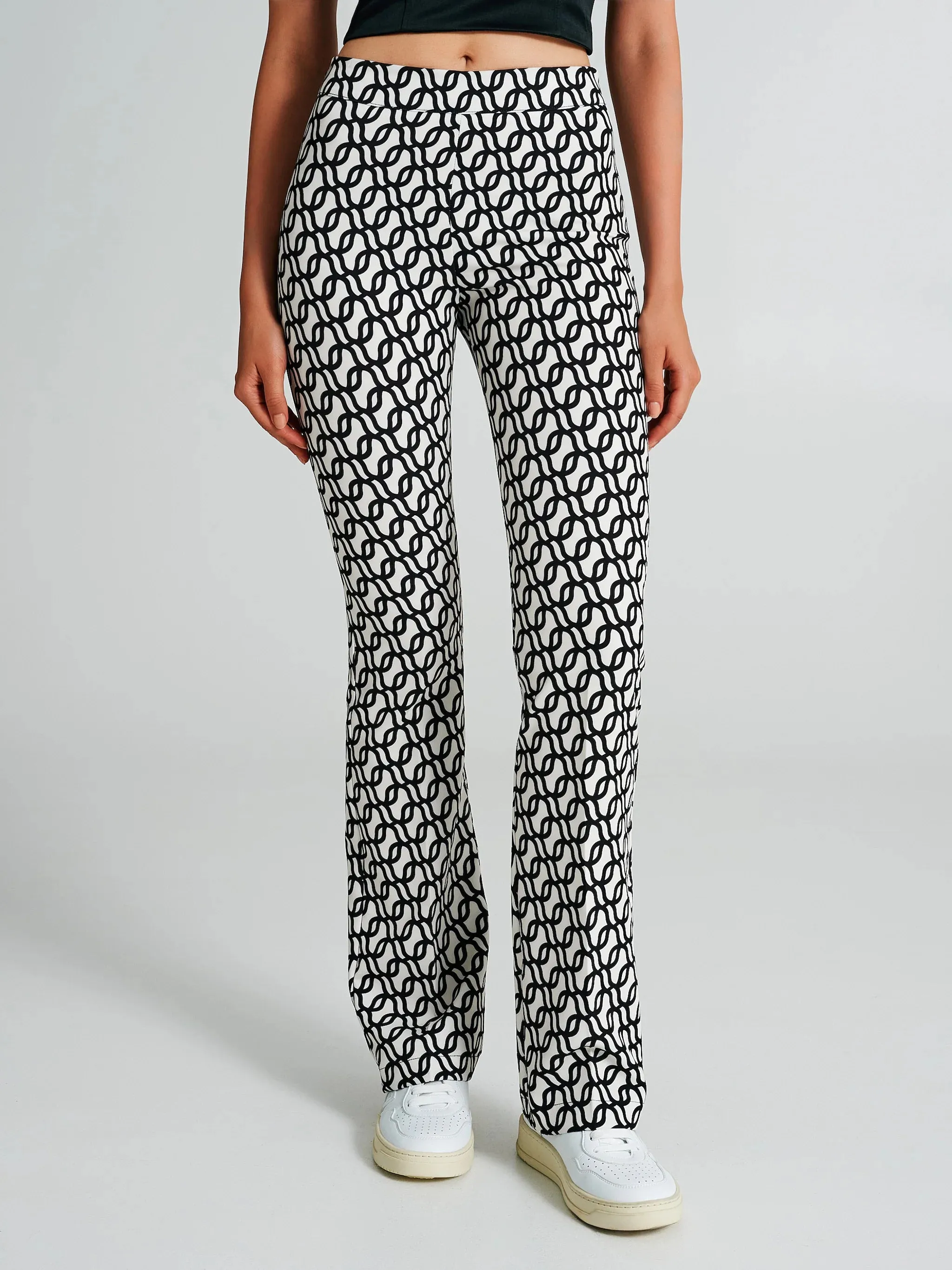 Pantaloni a Zampa Motivo Geometrico Nero