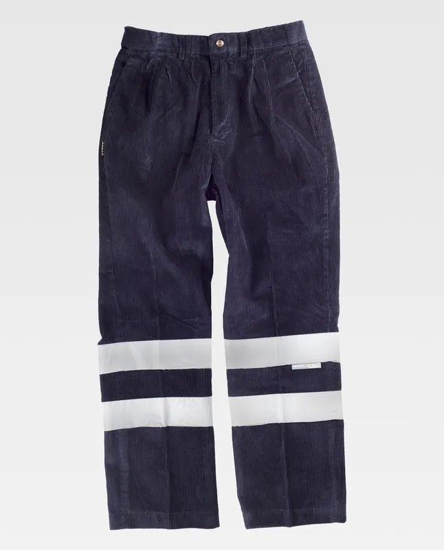 Pantaloni in velluto a coste senza elastico in vita 2 nastri riflettenti blu scuro