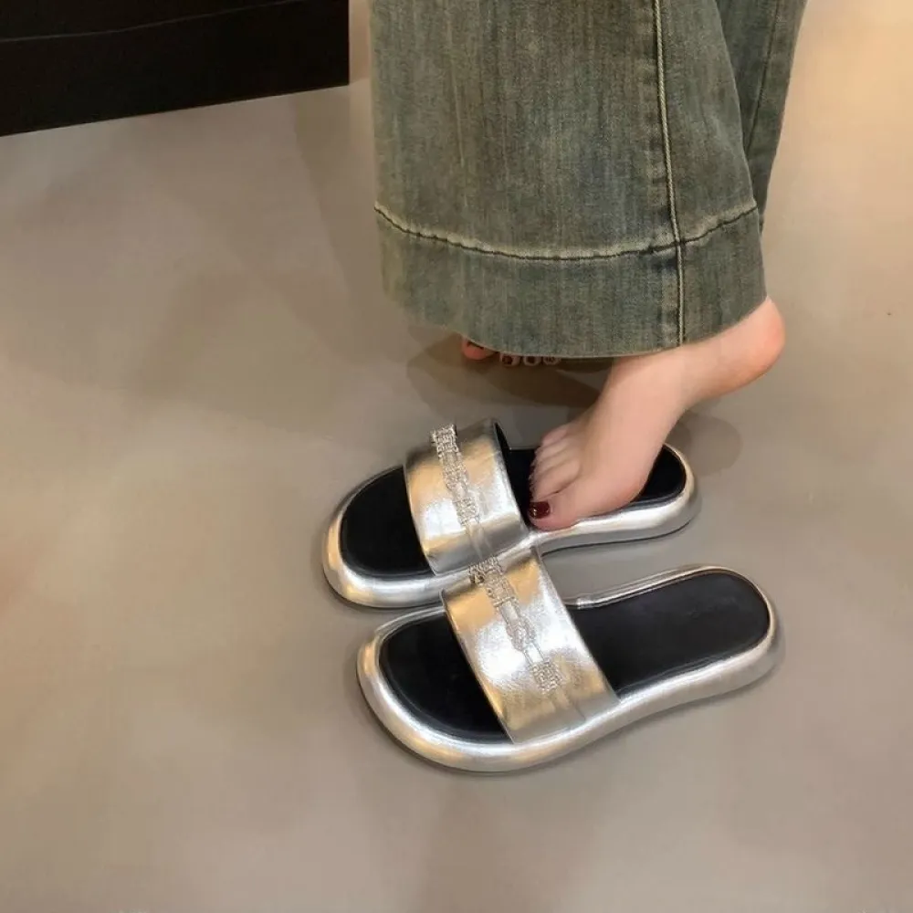 Pantofole dalla suola spessa, sandali con strass, capispalla estivi, scarpe da spiaggia con gonne, sandali argento, scarpe da sp