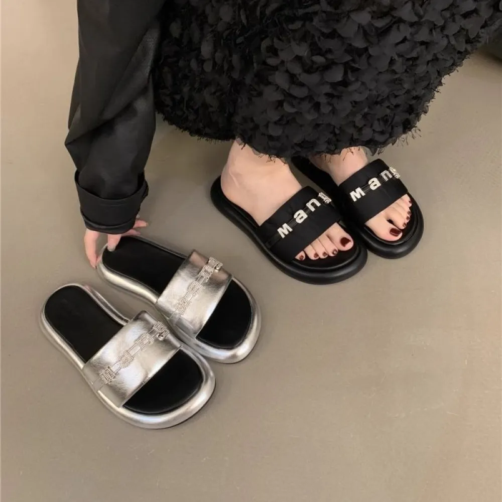 Pantofole dalla suola spessa, sandali con strass, capispalla estivi, scarpe da spiaggia con gonne, sandali argento, scarpe da sp
