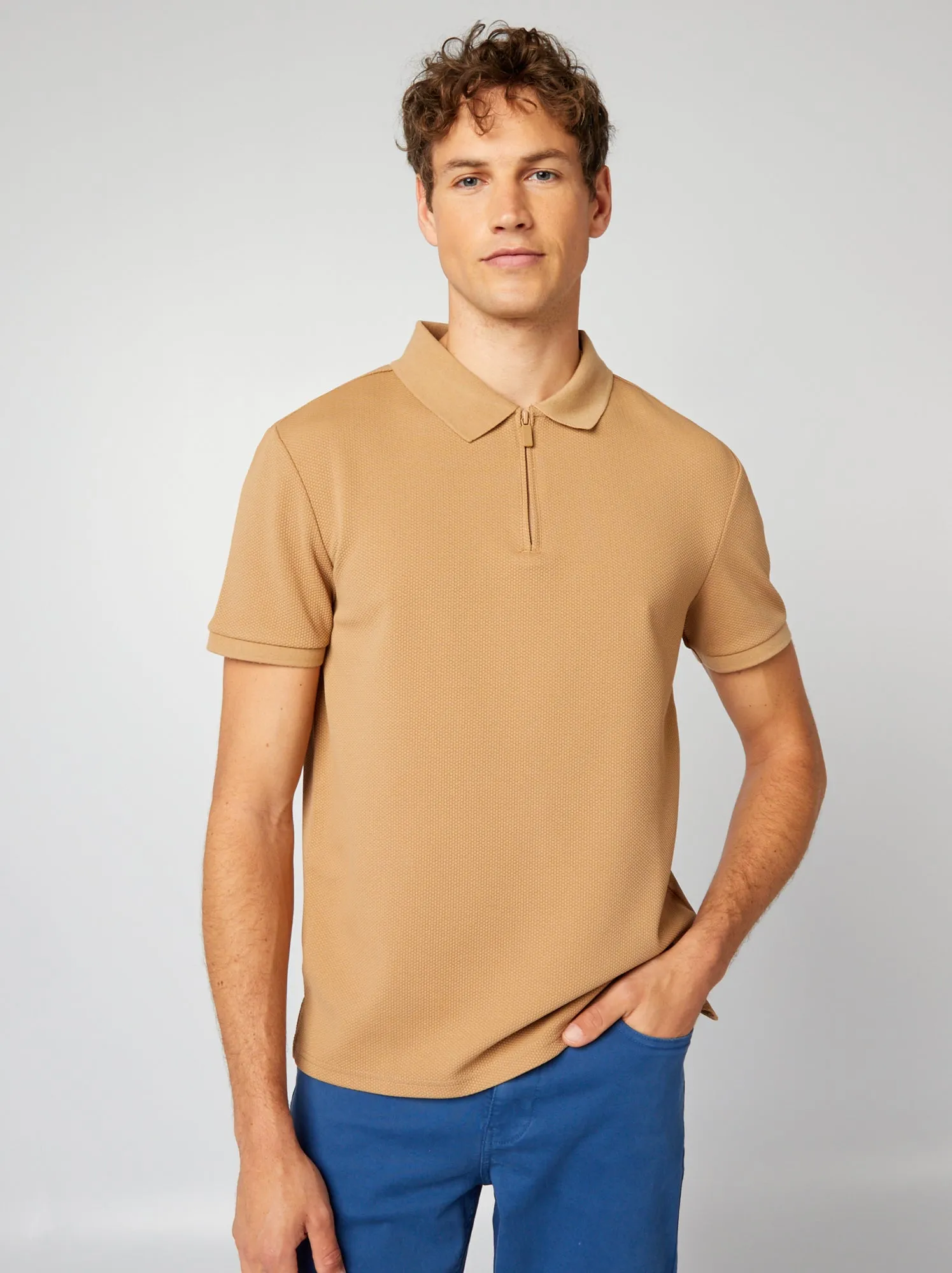 Polo a nido d'ape con zip - BEIGE