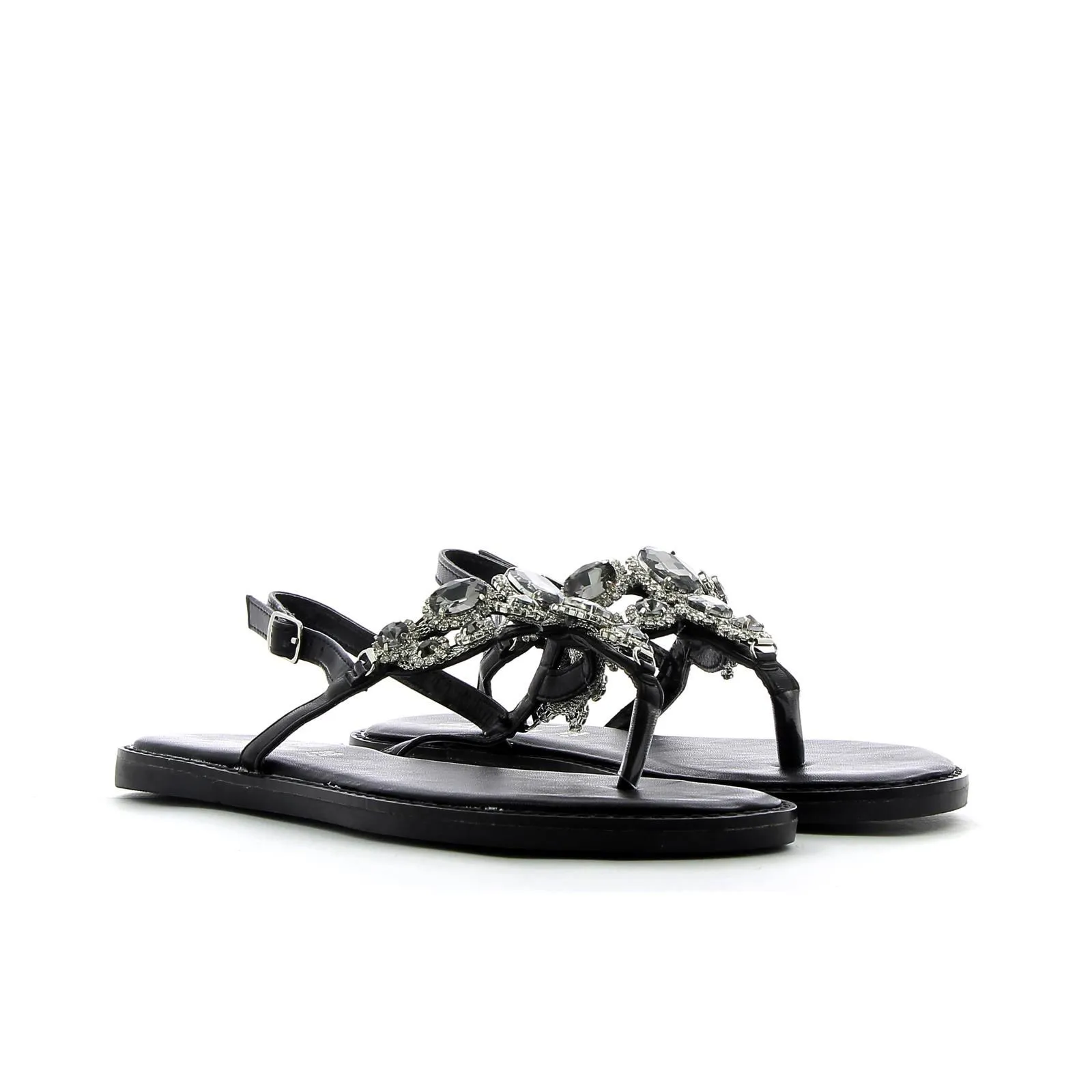 Sandali bassi neri infradito con strass