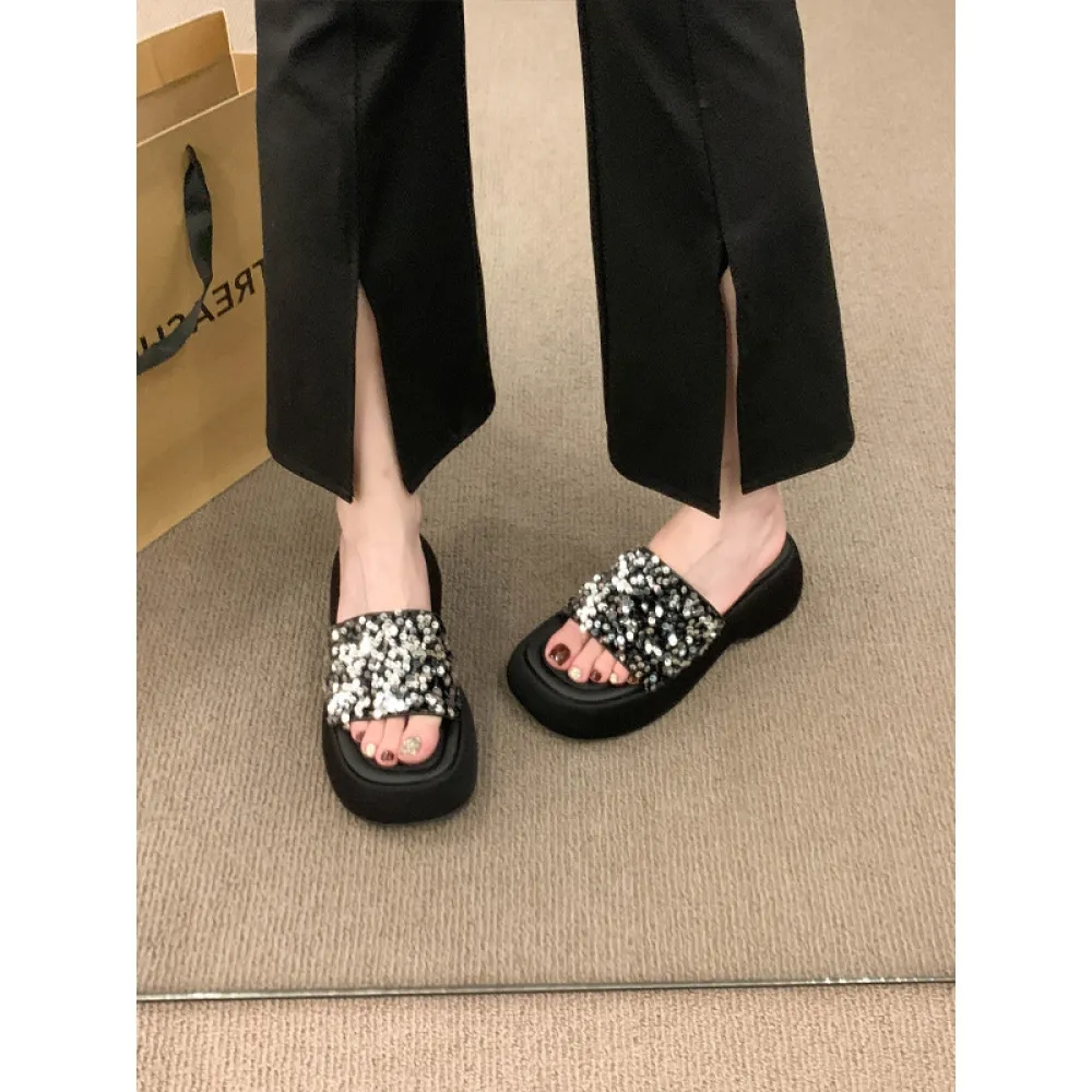 Sandali con suola spessa di fascia alta, abbigliamento esterno estivo da donna semi-flop, infradito da donna con suola spessa e