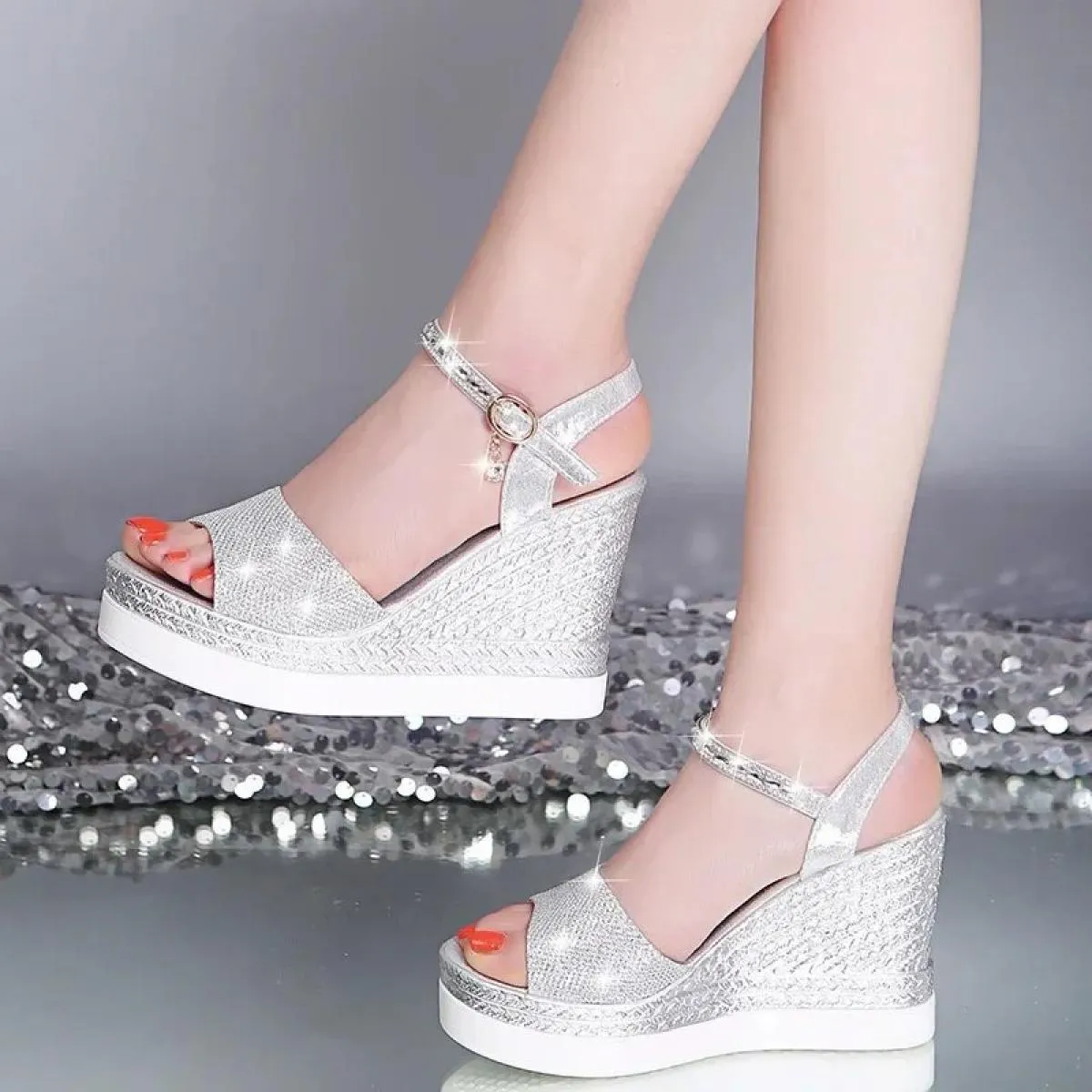 Sandali da donna 10cm Reno Trapano Fibbia Con Suola Spessa Tacchi Alti Scarpe Casual da Donna Tacco a Zeppa Femminile Bocca di P