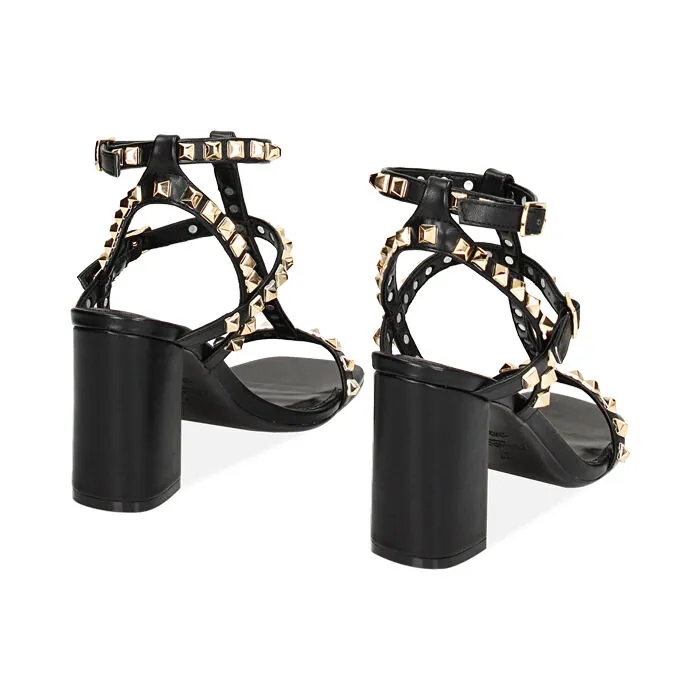 Sandali neri con borchie, tacco 8,7 cm