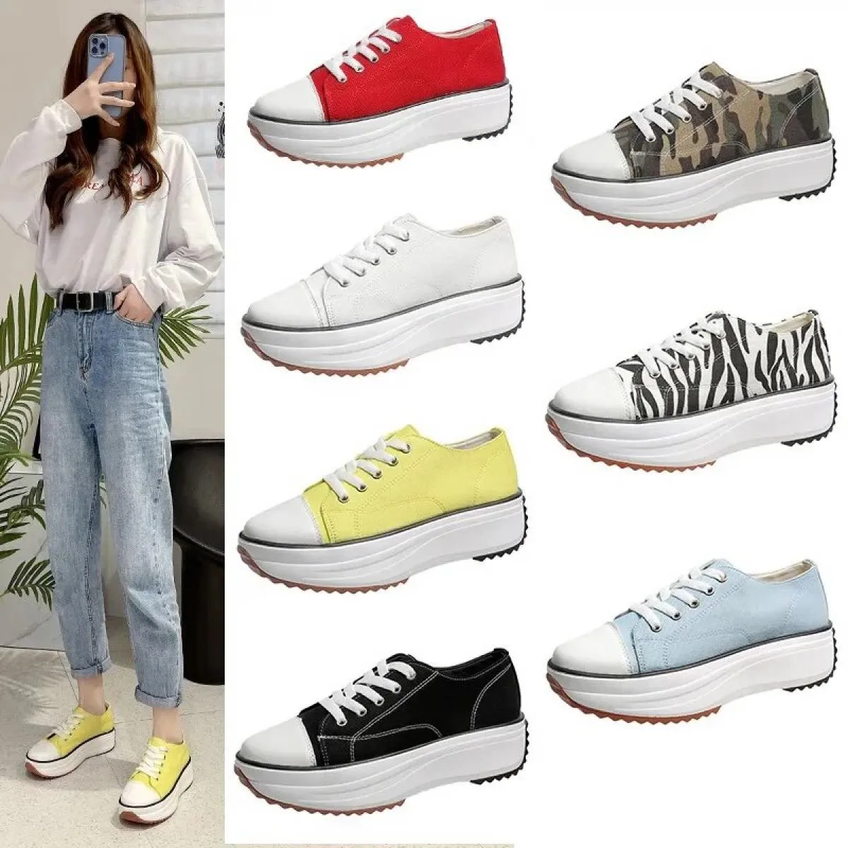 Scarpa singola da donna nuova punta tonda suola spessa casual scarpe di tela traspiranti con lacci sul davanti Scarpe da donna