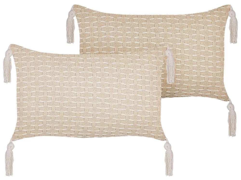 Set of 2 Decorative Cushions HAKONE 45 x 25 cm Light Beige Geometric Pattern