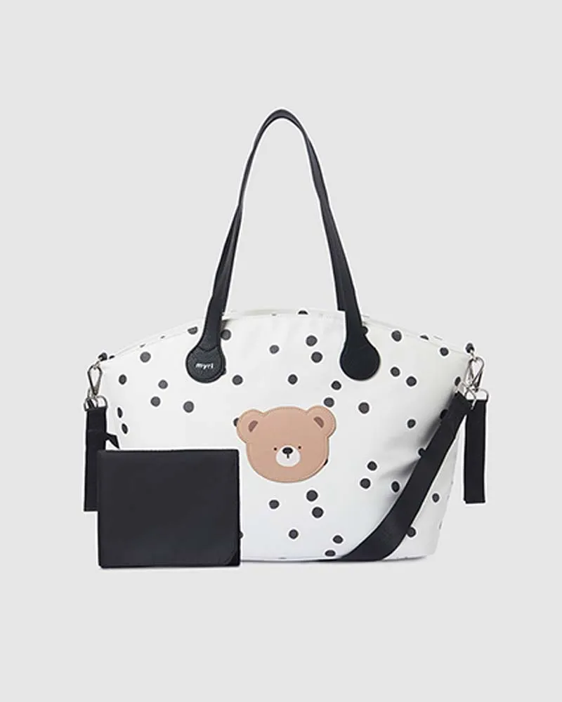 Shopper bianca in similpelle a pois neri con patch orsetto e fasciatoio pieghevole in coordinato
