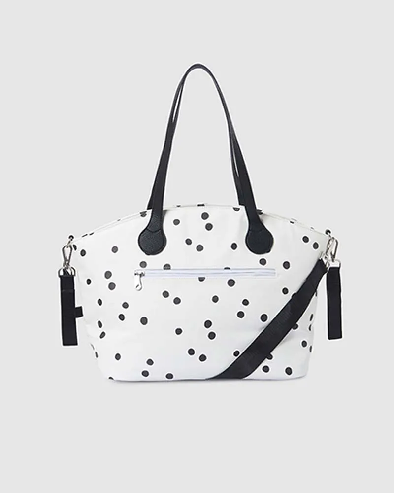 Shopper bianca in similpelle a pois neri con patch orsetto e fasciatoio pieghevole in coordinato