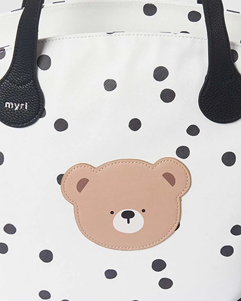 Shopper bianca in similpelle a pois neri con patch orsetto e fasciatoio pieghevole in coordinato