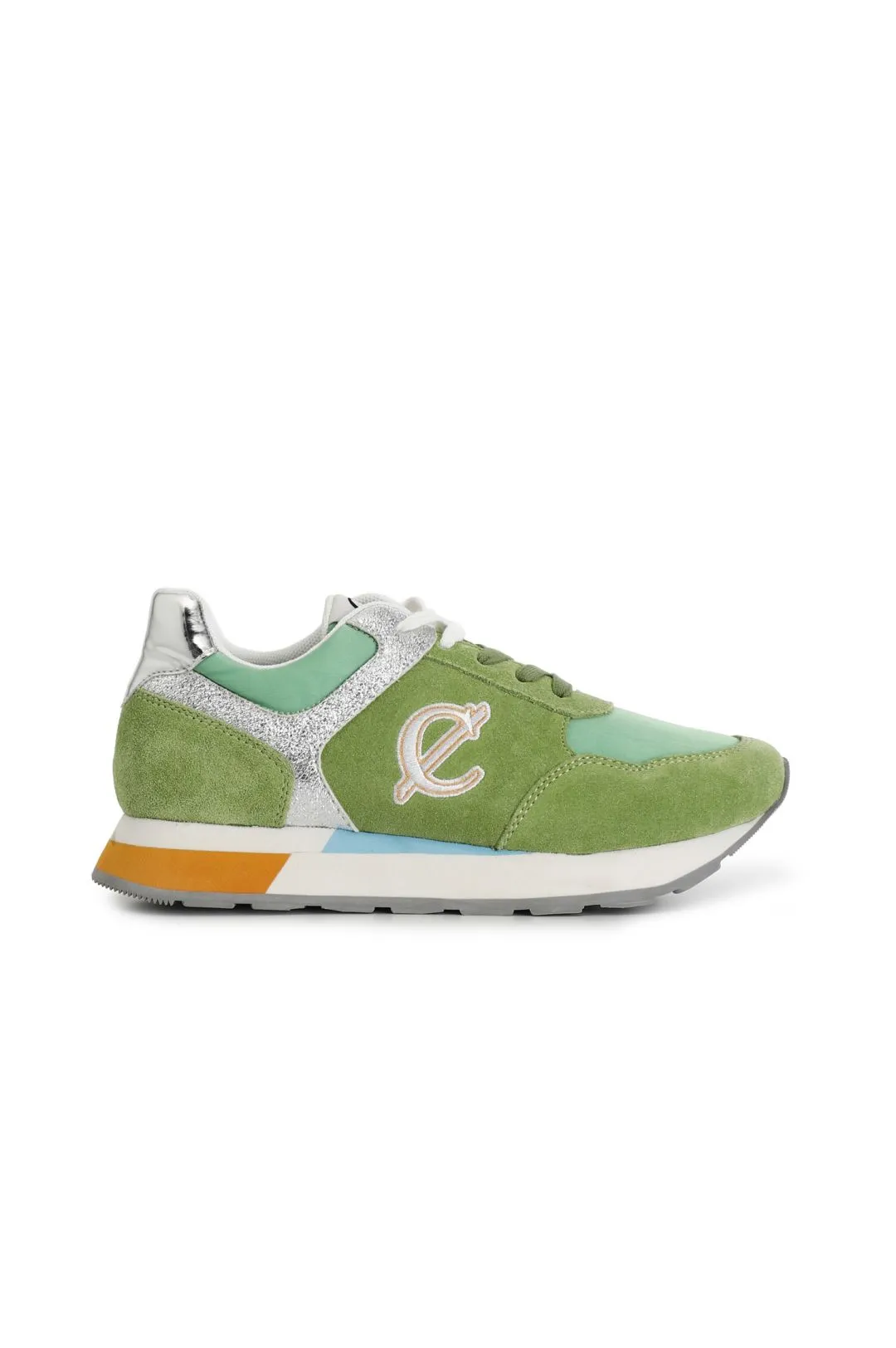 sneakers in pelle scamosciata e tessuto con riporti glitter verde
