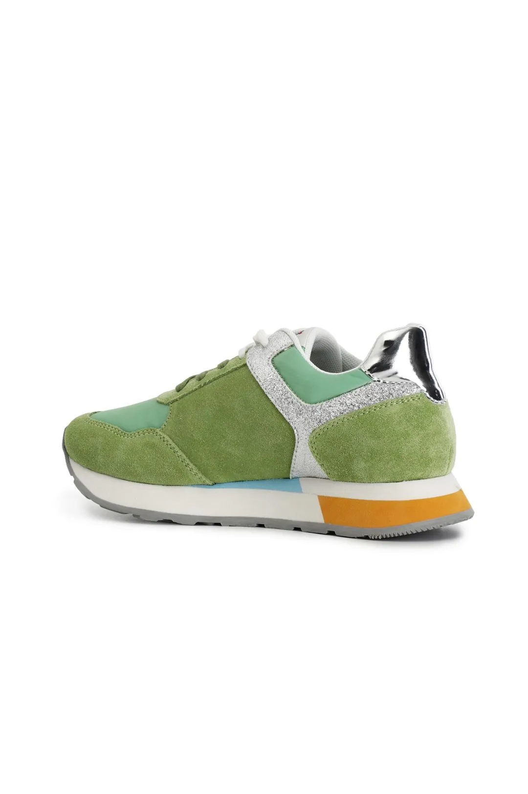 sneakers in pelle scamosciata e tessuto con riporti glitter verde