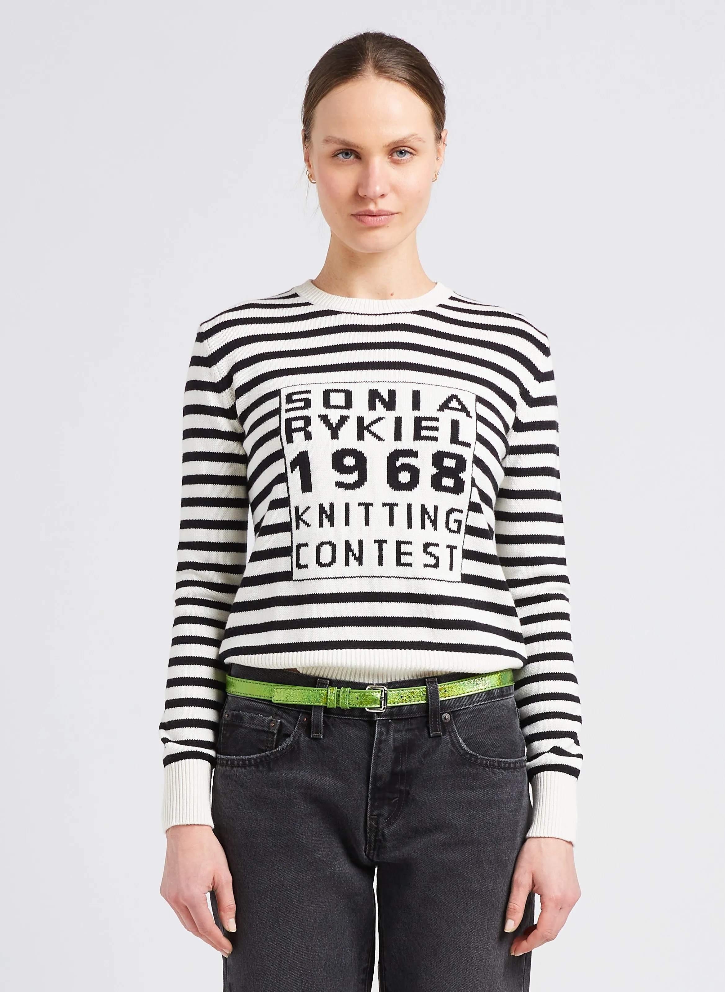  SONIA RYKIEL   Maglione scollo tondo a righe in cotone e cashmere | Nero