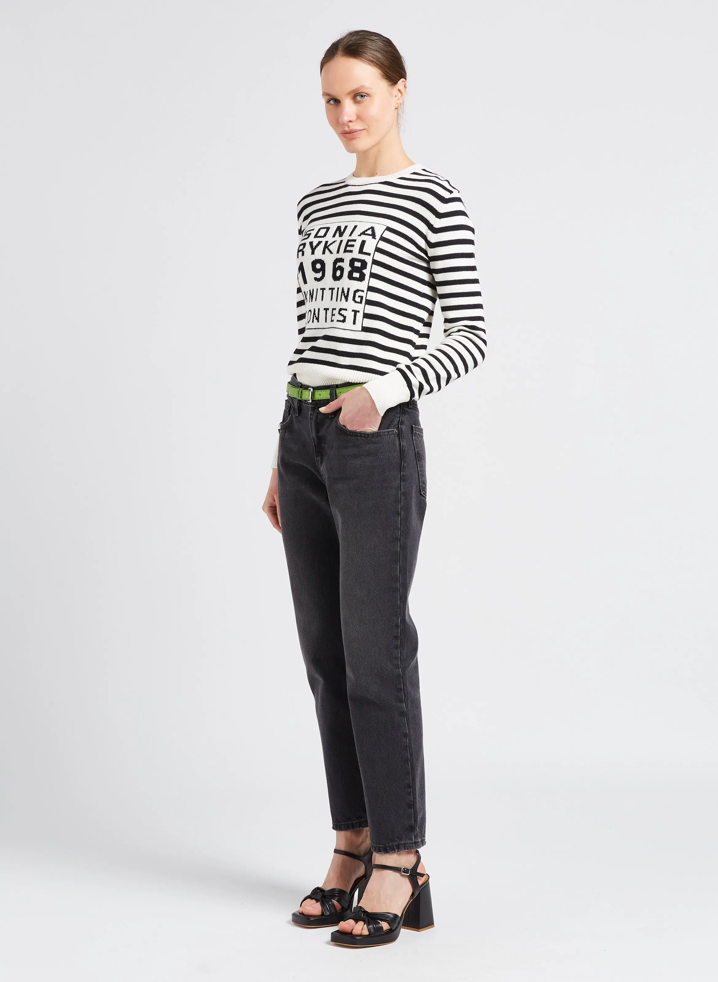  SONIA RYKIEL   Maglione scollo tondo a righe in cotone e cashmere | Nero