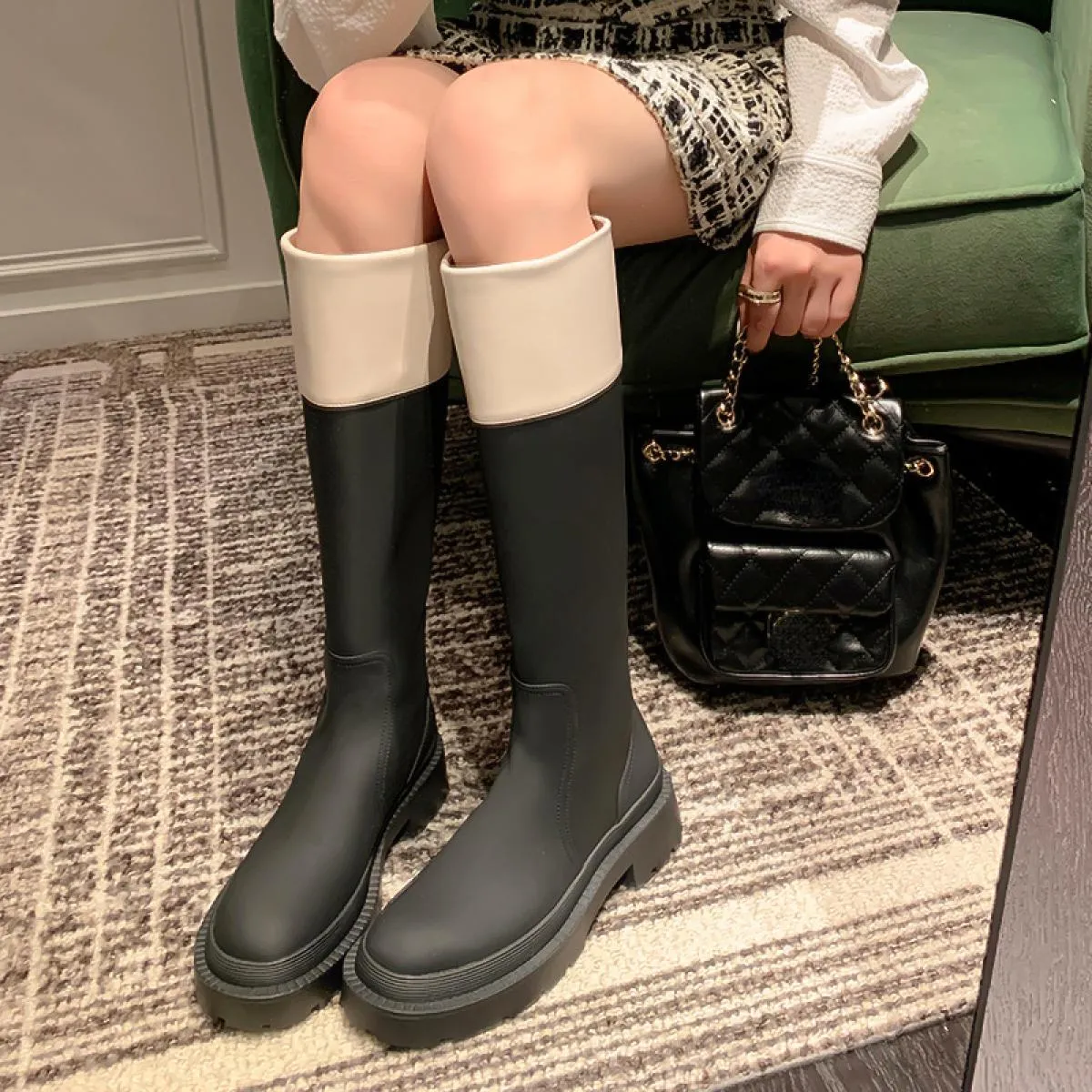 Stivali alti al ginocchio da donna Scarpe con plateau con fondo spesso a blocchi di colore femminile Designer da donna Punta ton