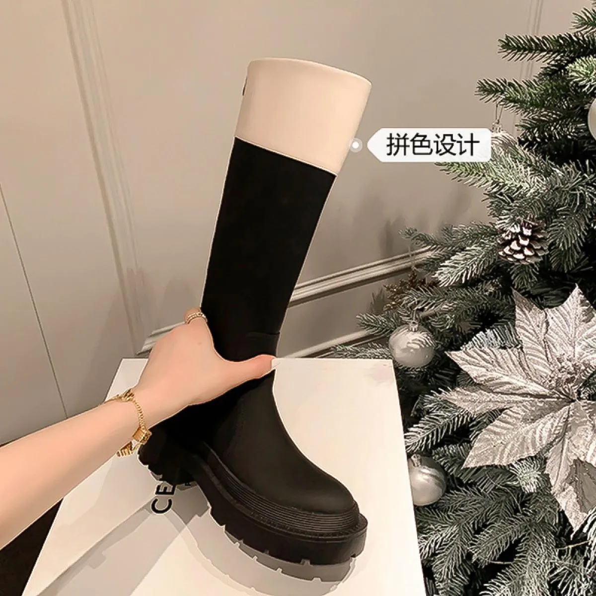 Stivali alti al ginocchio da donna Scarpe con plateau con fondo spesso a blocchi di colore femminile Designer da donna Punta ton