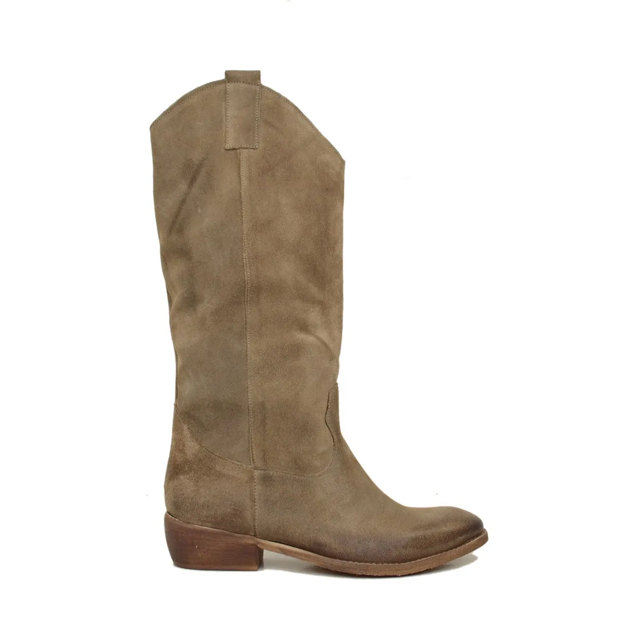Stivali Texani Donna Scamosciati Taupe con Tacco Basso