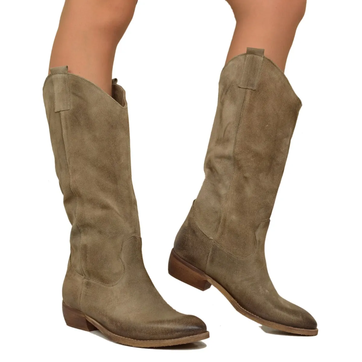 Stivali Texani Donna Scamosciati Taupe con Tacco Basso
