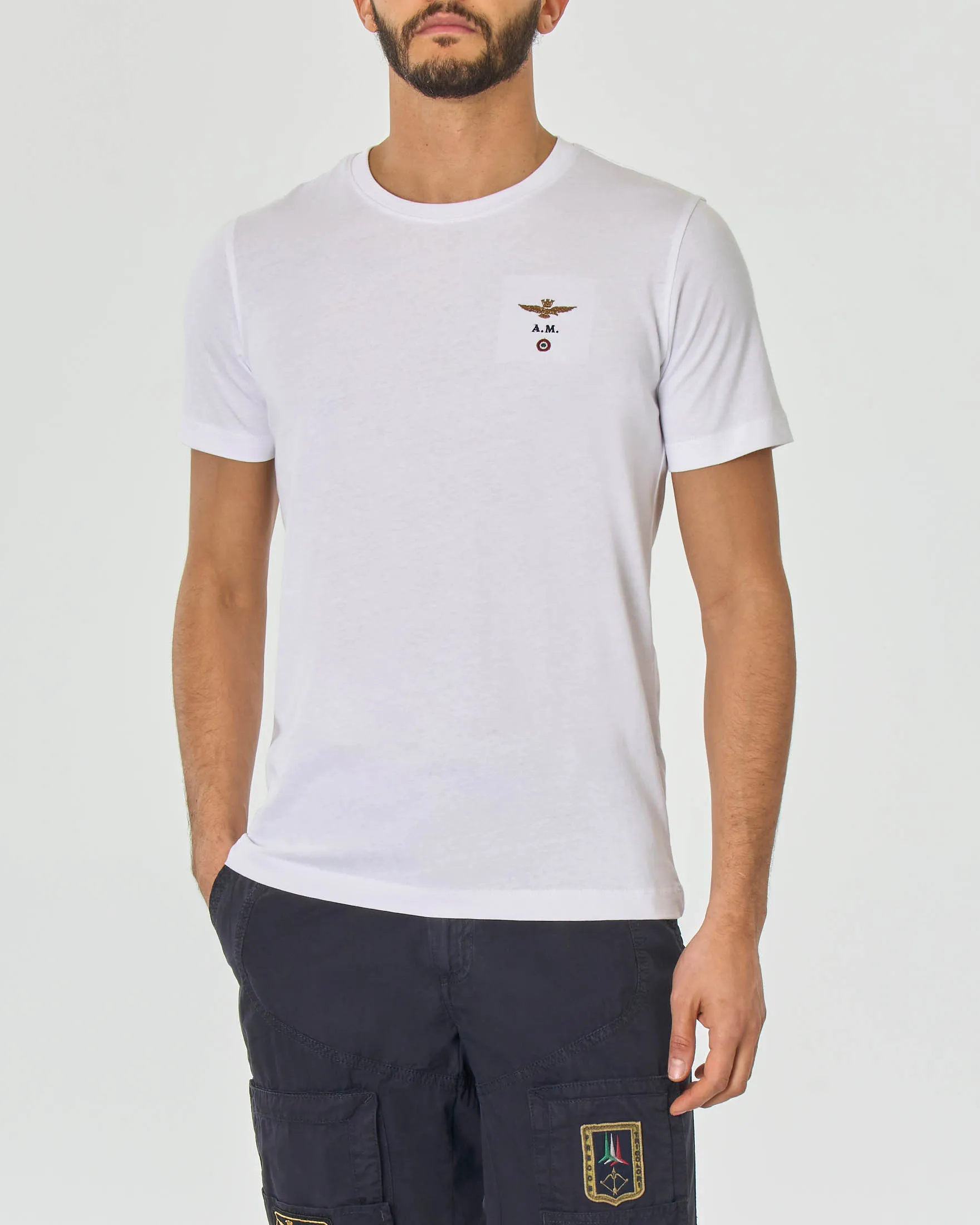 T-shirt bianca mezza manica con logo piccolo ricamato