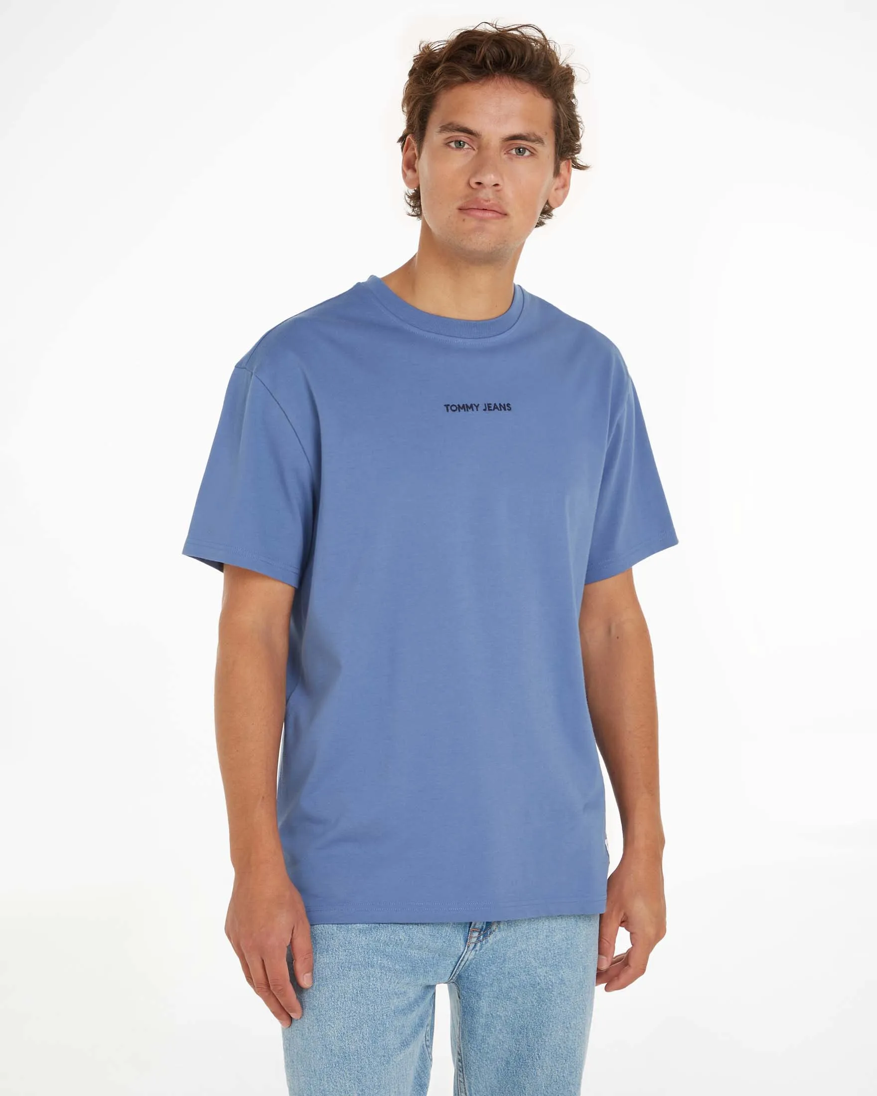 T-shirt blu indaco mezza manica con logo scritta piccolo ricamato centrale sul petto