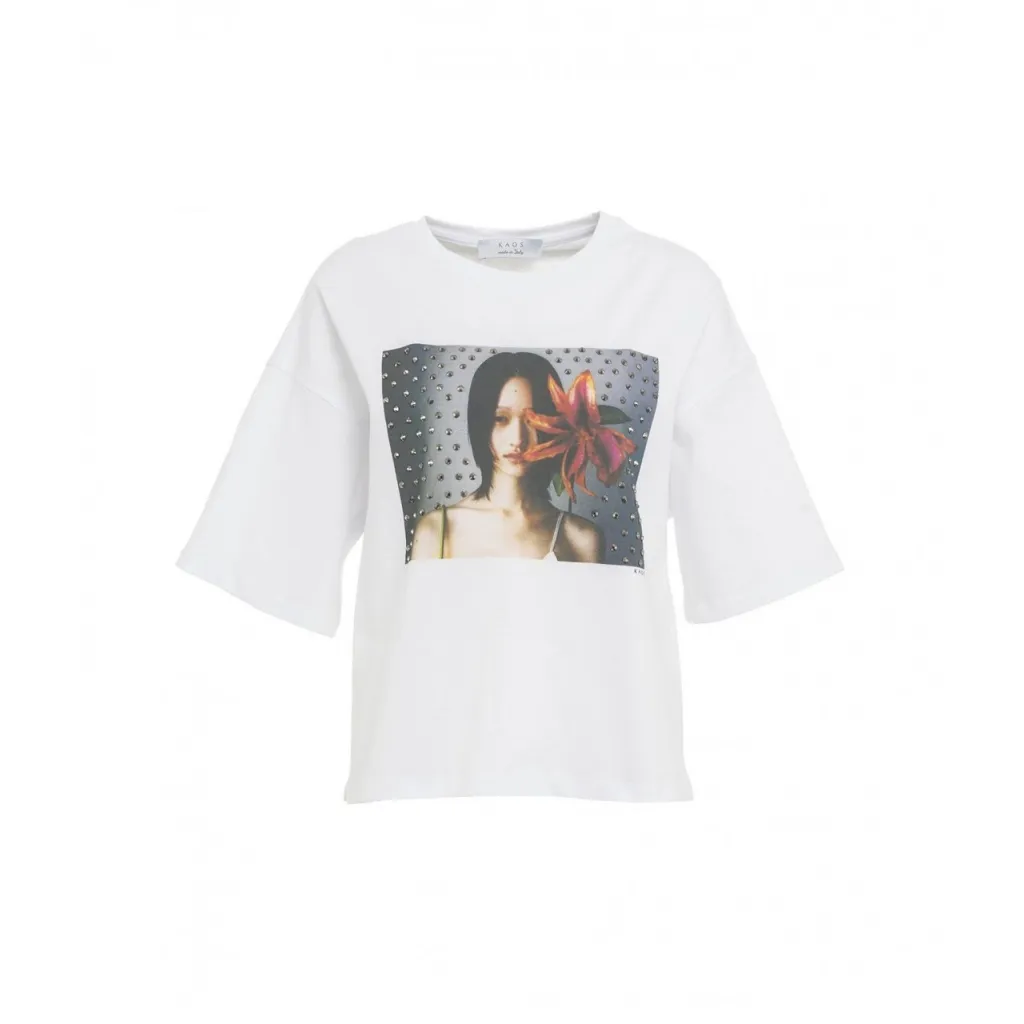 T-shirt con stampa e borchie bianco