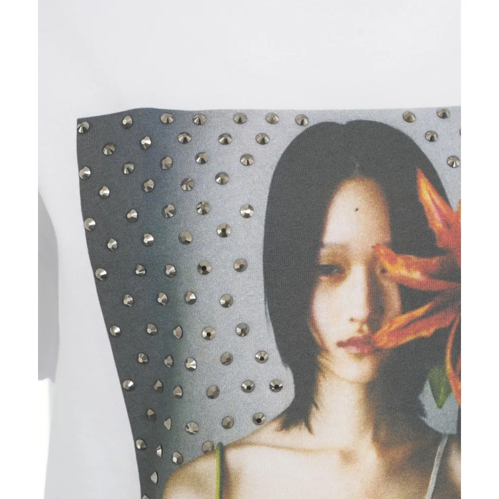 T-shirt con stampa e borchie bianco
