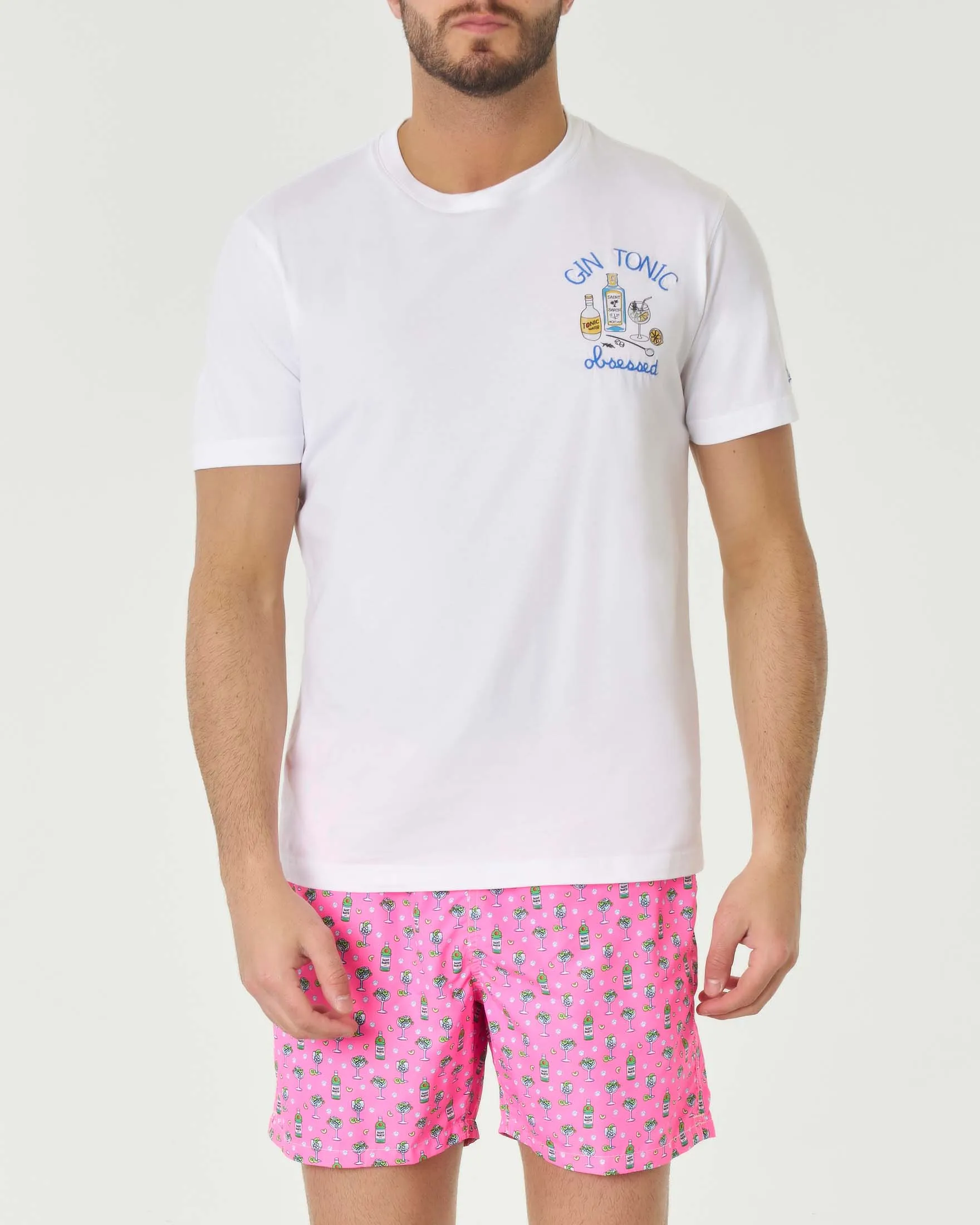 T-shirt lilla mezza manica in cotone con stampa e ricamo Gin Tonic sul petto