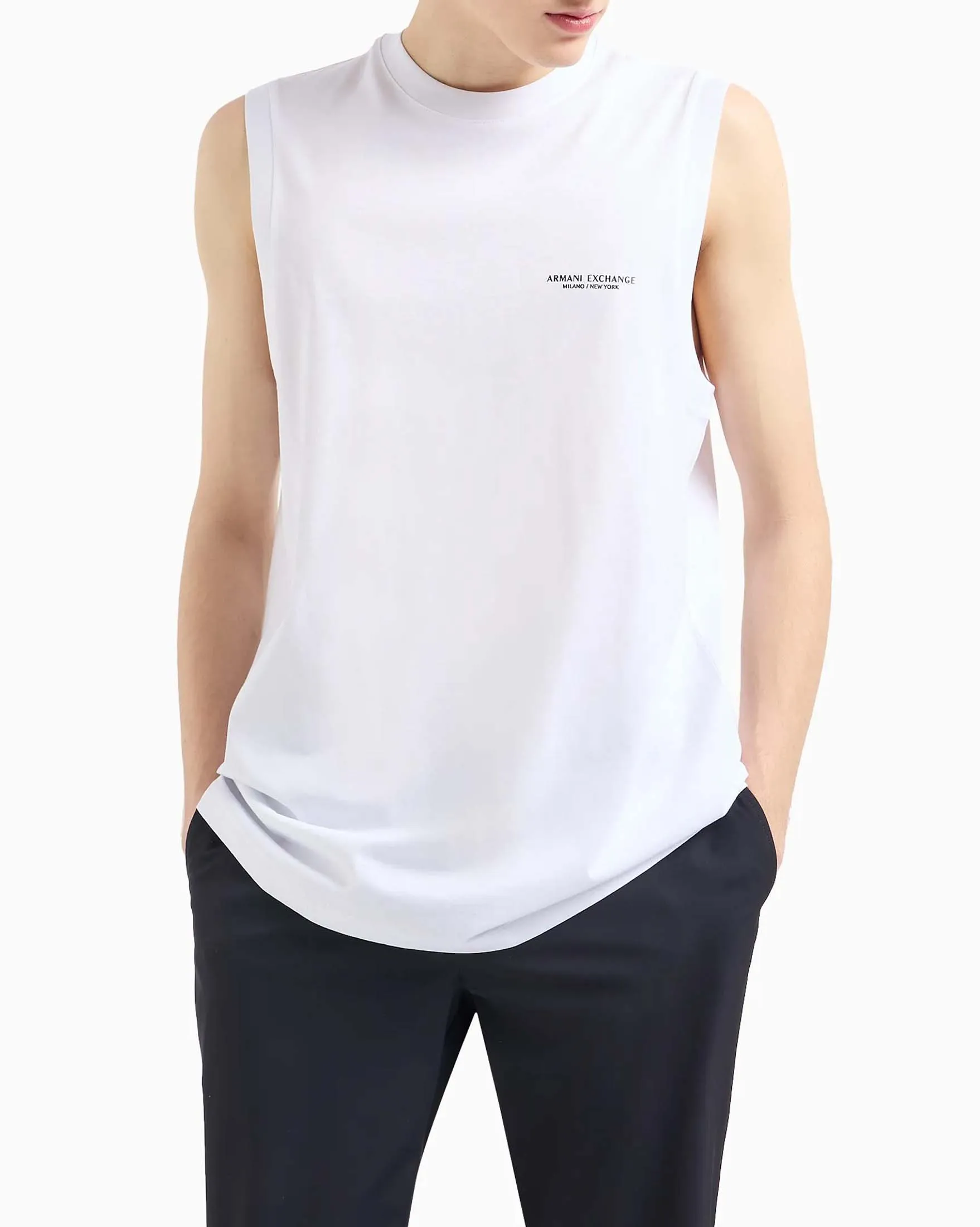 T-shirt senza maniche bianca regular-fit in puro cotone con stampa logo nera sul petto
