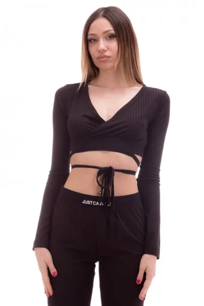 Top a costine con lacci Black