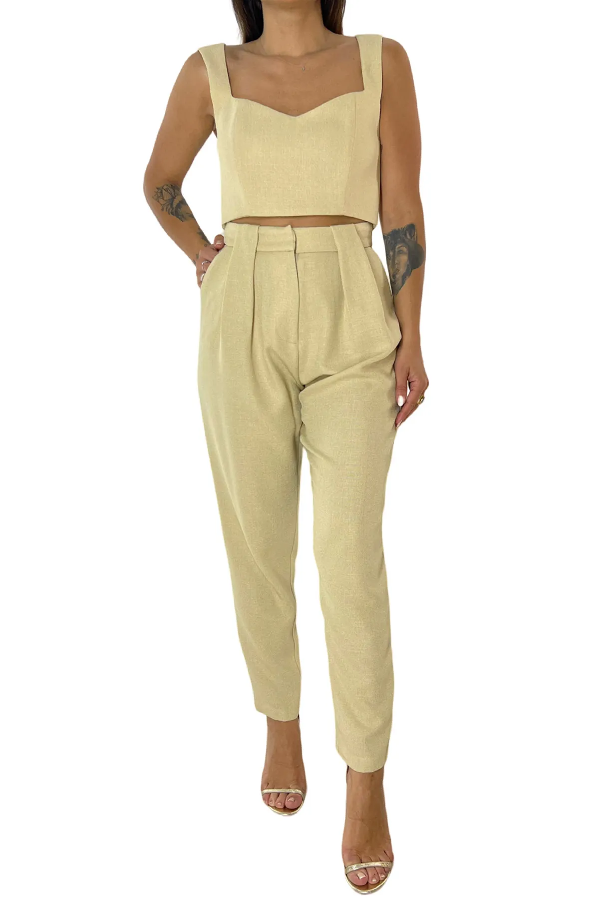 Top donna corto in lino bretella larga steccato sul seno effetto bustier cerniera retro