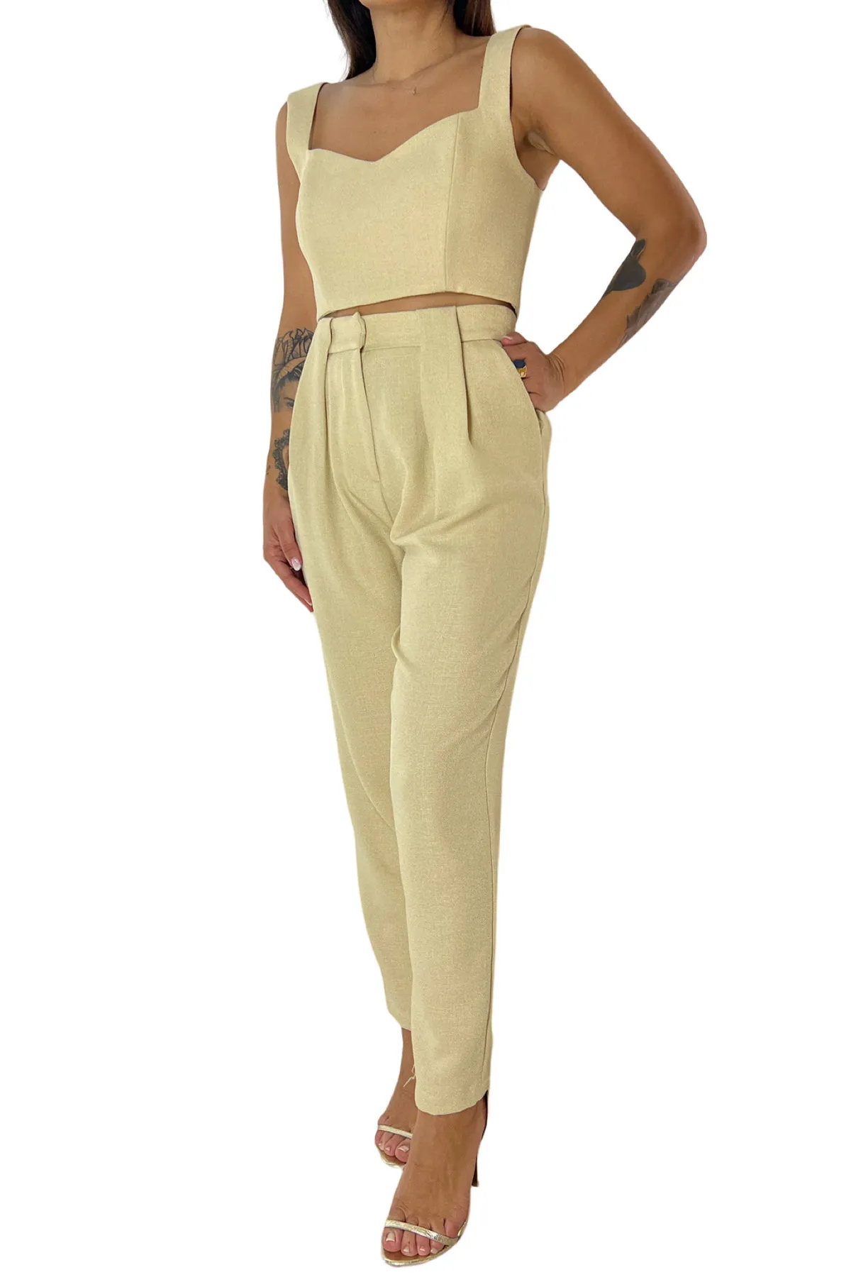 Top donna corto in lino bretella larga steccato sul seno effetto bustier cerniera retro
