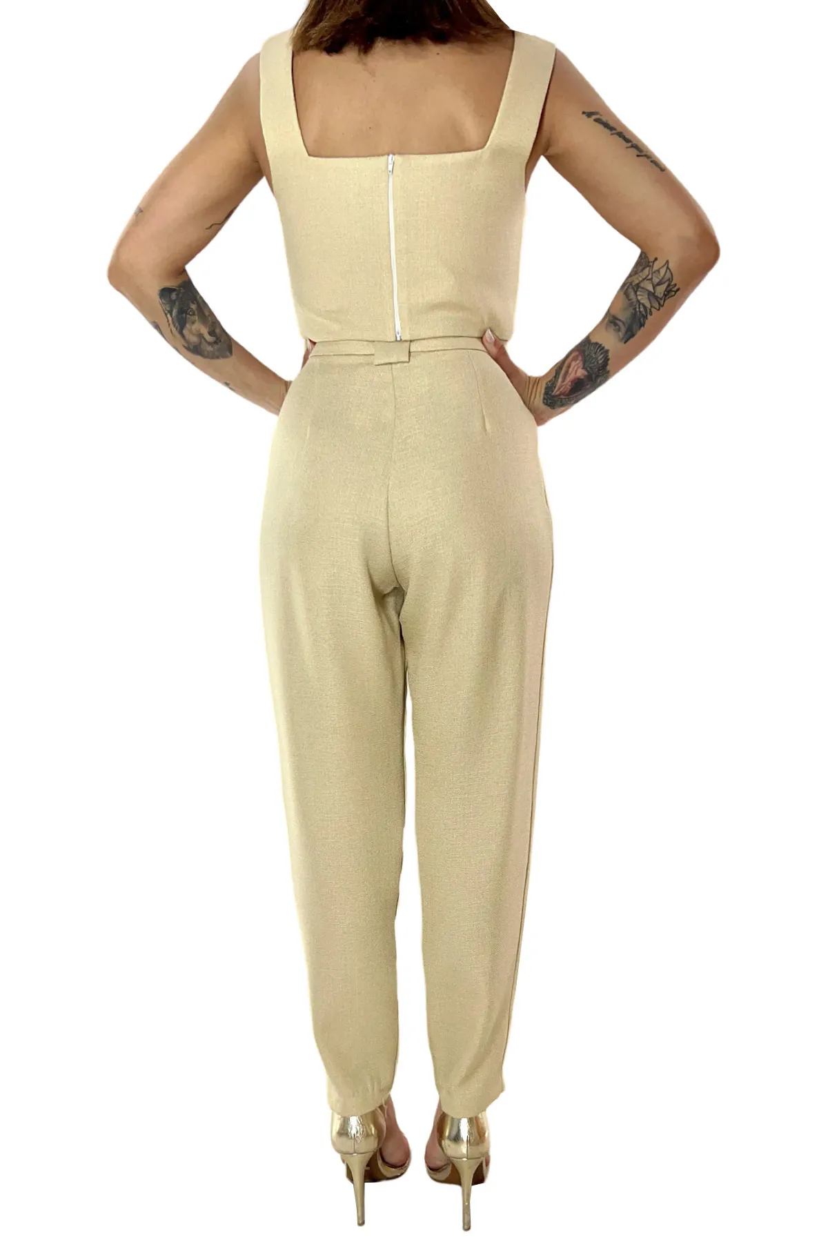 Top donna corto in lino bretella larga steccato sul seno effetto bustier cerniera retro