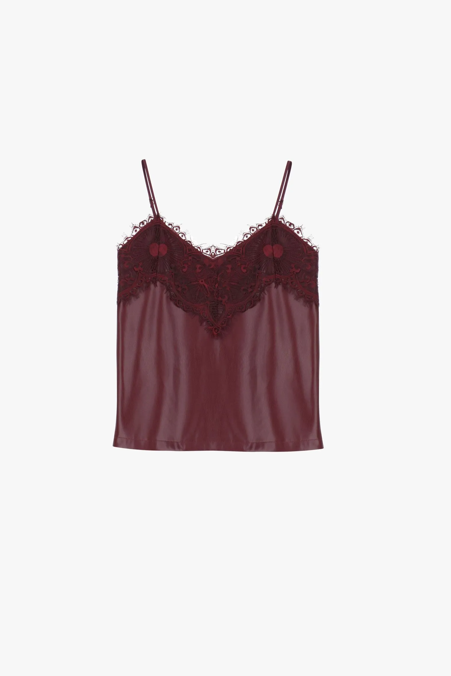   Top in similpelle con spalline sottili e pizzo     