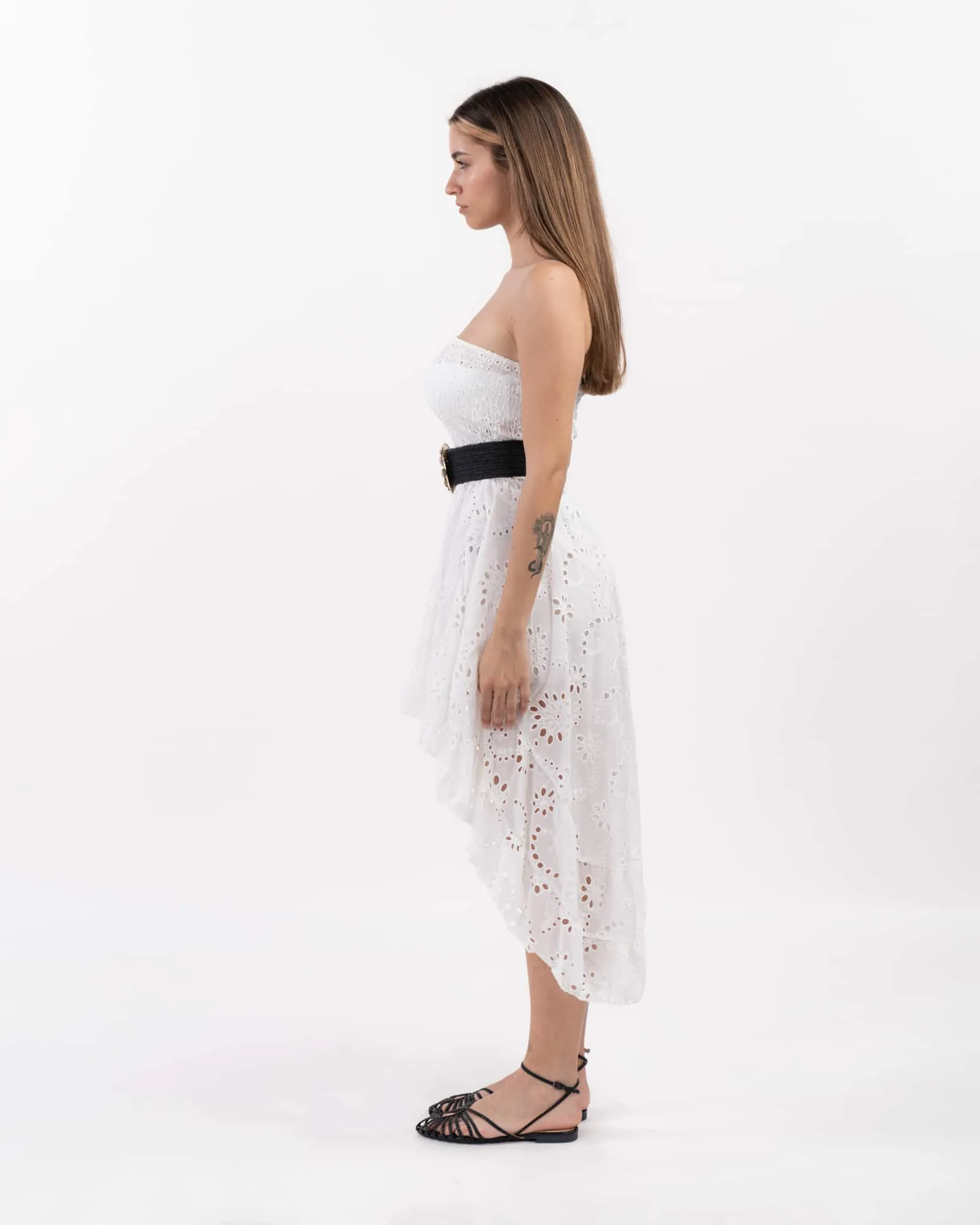Vestito midi con ricami traforati - BIANCO