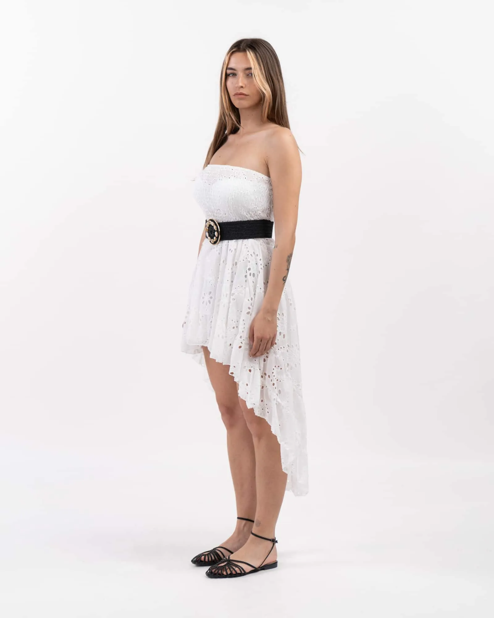 Vestito midi con ricami traforati - BIANCO