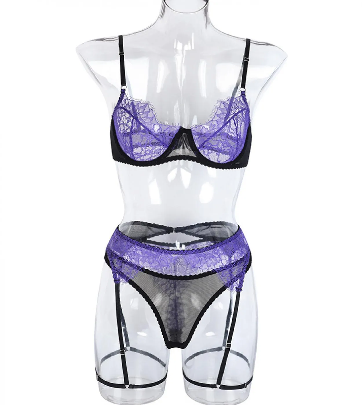 Yimunancy Set di 3 reggiseni in pizzo di colore a contrasto Set di biancheria da donna Set di biancheria intima viola da donna S