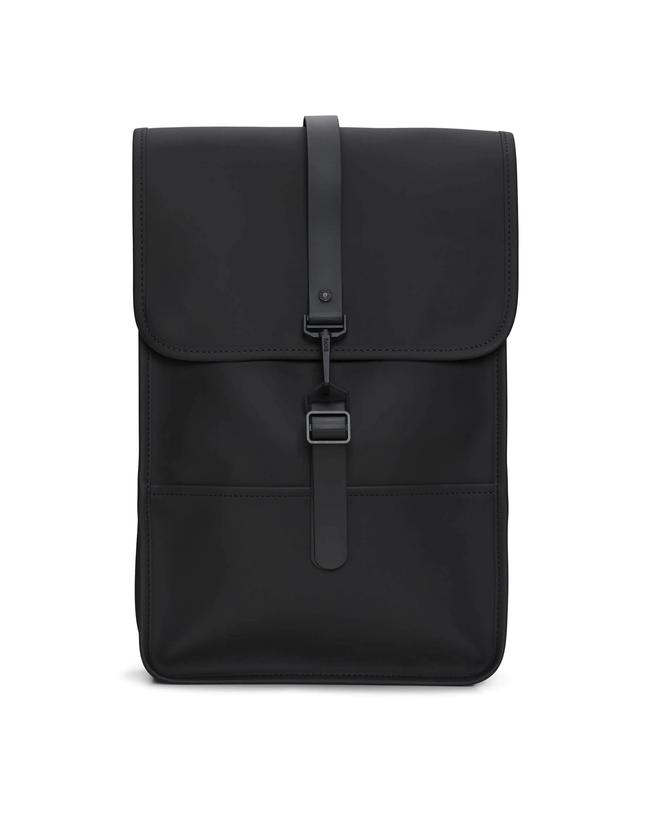 Zaino Backpack Mini nero dalla linea rettangolare con tasca frontale e chiusura a moschettone