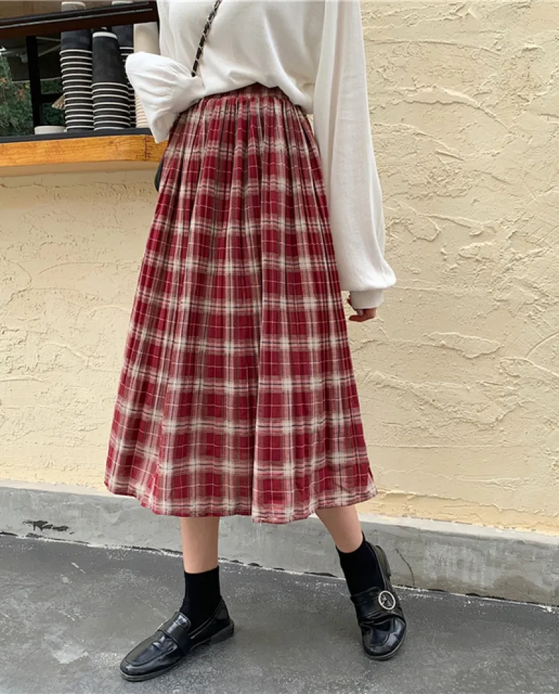 Zoki Moda Plaid Donne Midi Gonna A Vita Alta Nuovo 2022 Primavera Rosso Una Linea Elegante Nero Femminile Lungo Gonne A Pieghe G